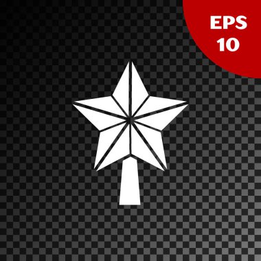 Beyaz Noel yıldızı simgesi, şeffaf karanlık arka planda izole edilmiş. Mutlu Noeller ve mutlu yıllar. Vektör İllüstrasyonu