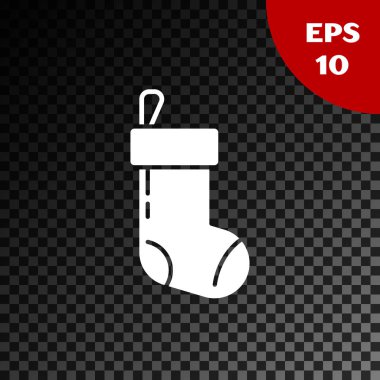 Beyaz Noel çorap ikonu, şeffaf karanlık arka planda izole edilmiş. Mutlu Noeller ve mutlu yıllar. Vektör İllüstrasyonu