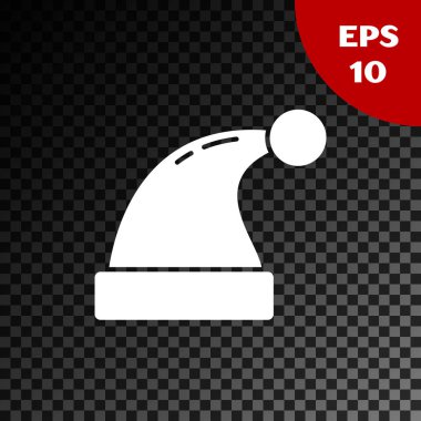 Beyaz Noel Baba şapkası simgesi, şeffaf karanlık arka planda izole edilmiş. Mutlu Noeller ve mutlu yıllar. Vektör İllüstrasyonu