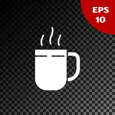 Beyaz kahve fincanı simgesi şeffaf koyu arkaplanda izole edilmiş. Çay fincanı. Sıcak içecek kahvesi. Vektör İllüstrasyonu