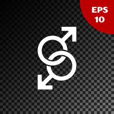 Beyaz erkek cinsiyet sembolü şeffaf koyu arka planda izole simgesi. Vektör Illustration