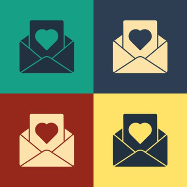 Renk arka planda izole Valentine kalp simgesi ile Renk Zarf. Mesaj aşk. Mektup aşk ve romantizm. Vintage tarzı çizim. Vektör İllüstrasyonu