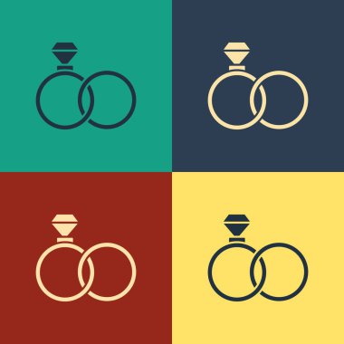 Renkli alyans simgesi renk arkaplanında izole edildi. Gelin ve damat mücevher tabelası. Evlilik sembolü. Elmas yüzük. Klasik tarzda çizim. Vektör İllüstrasyonu