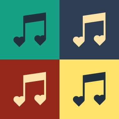 Renkli müzik notası, renk arkaplanında izole kalp simgesi olan ton. Sevgililer Günü. Klasik tarzda çizim. Vektör İllüstrasyonu