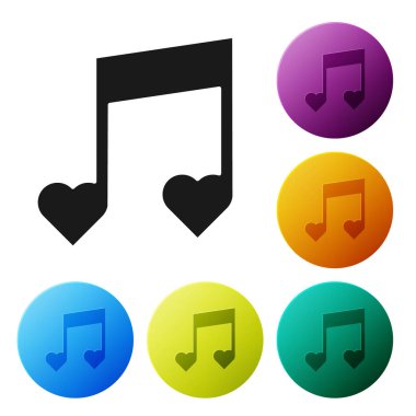 Siyah müzik notası, beyaz arkaplanda izole edilmiş kalp simgesi olan ton. Sevgililer Günü. Renkli daire düğmelerini ayarlayın. Vektör İllüstrasyonu