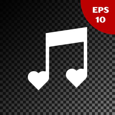 Beyaz müzik notası, şeffaf koyu arkaplanda izole edilmiş kalpler simgesi olan ton. Sevgililer Günü. Vektör İllüstrasyonu