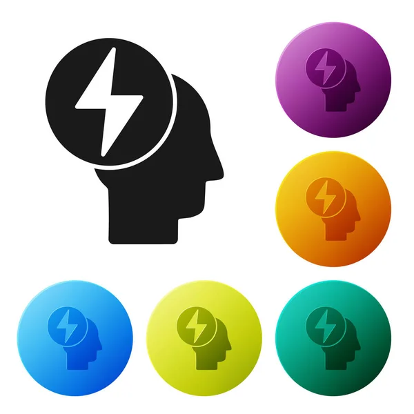 Icona con testa nera e simbolo elettrico isolata su sfondo bianco. Set icone colorati pulsanti cerchio. Illustrazione vettoriale — Vettoriale Stock