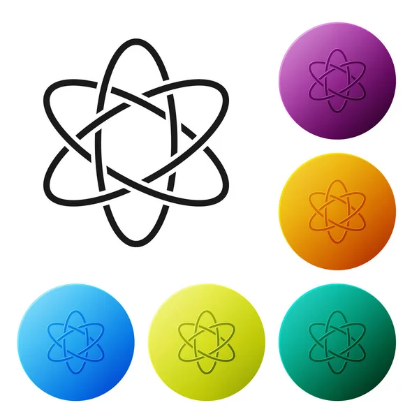Black Atom icon isolated on white background. Symbol of science, education, nuclear physics, scientific research. Set icons colorful circle buttons. Vector Illustration — Stock Vector