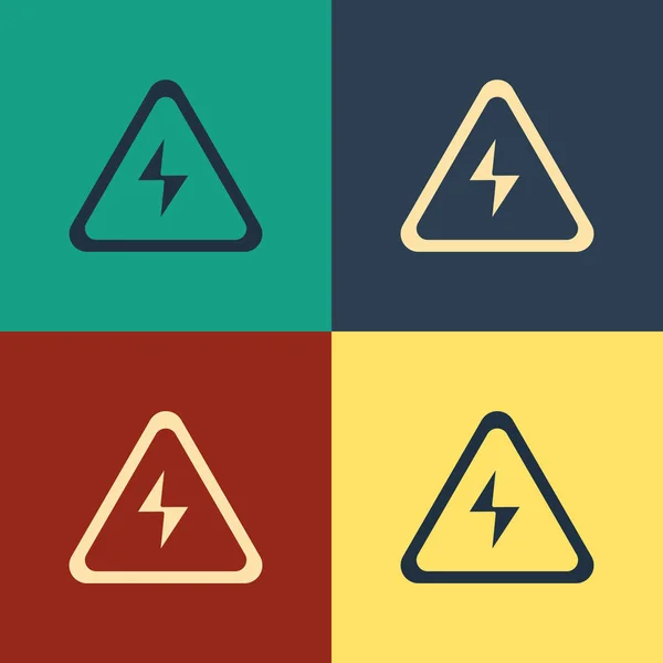 Color High voltage sign icon isolated on color background. Danger symbol. Arrow in triangle. Warning icon. Vintage style drawing. Vector Illustration — Stock Vector