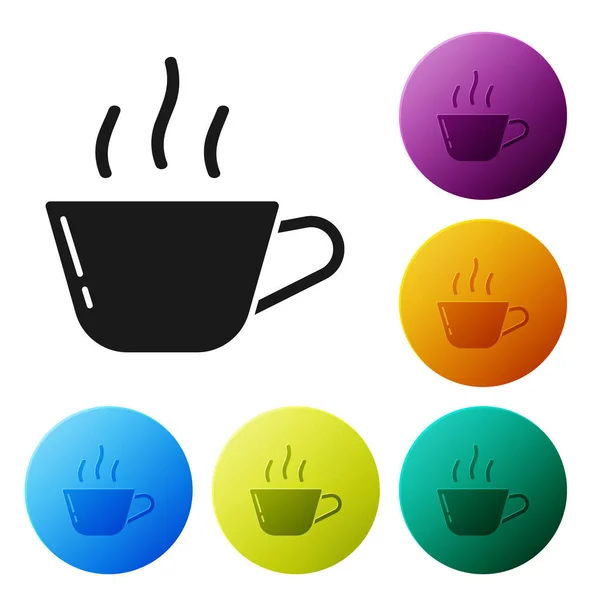 Icono de taza de café negro aislado sobre fondo blanco. Taza de té. Café caliente. Establecer iconos botones círculo de colores. Ilustración vectorial — Vector de stock