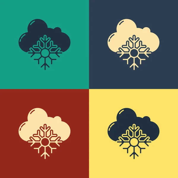 Farbwolke mit Schnee-Symbol isoliert auf farbigem Hintergrund. Wolke mit Schneeflocken. einzelnes Wettersymbol. Schneeschild. Vintage-Stil Zeichnung. Vektorillustration — Stockvektor