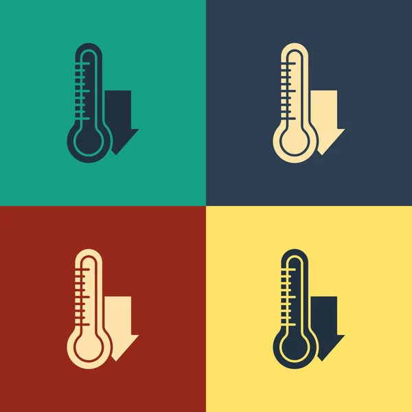 Termómetro de meteorología de color icono de medición aislado en el fondo de color. Equipo de termómetro que muestra clima caliente o frío. Dibujo de estilo vintage. Ilustración vectorial — Archivo Imágenes Vectoriales