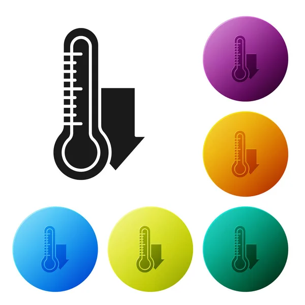 Schwarzes Meteorologie-Thermometer-Messsymbol auf weißem Hintergrund. Thermometerausrüstung, die heißes oder kaltes Wetter zeigt. setzen Symbole bunte Kreis-Tasten. Vektorillustration — Stockvektor