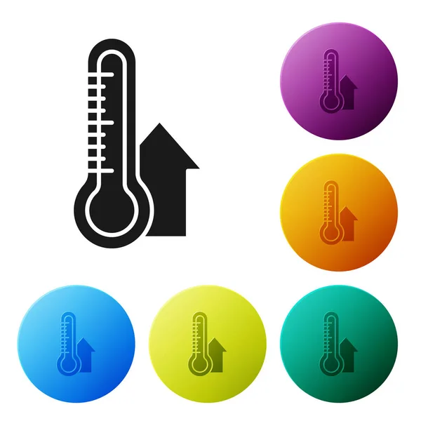 Siyah Meteoroloji termometresi beyaz zeminde izole edilmiş ikonu ölçüyor. Termometre termometresi sıcak ya da soğuk hava gösteriyor. Renkli daire düğmelerini ayarlayın. Vektör İllüstrasyonu — Stok Vektör