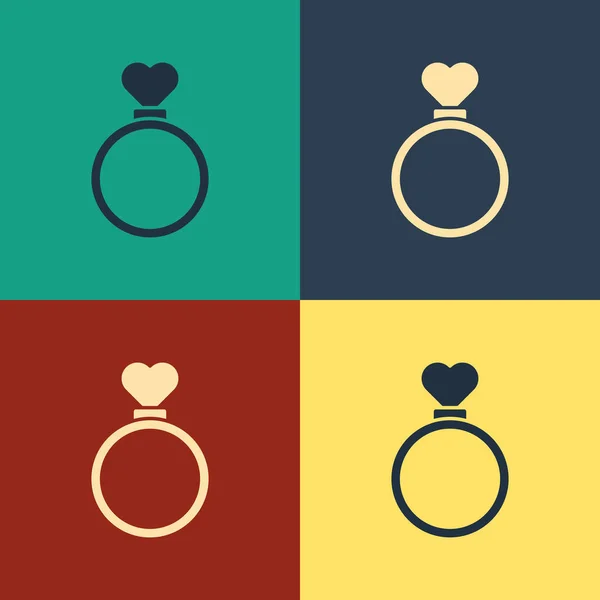 Color Icono de anillos de boda aislado en el fondo de color. Señal de joyería de novia y novio. Símbolo de matrimonio. Anillo de diamantes. Dibujo de estilo vintage. Ilustración vectorial — Vector de stock