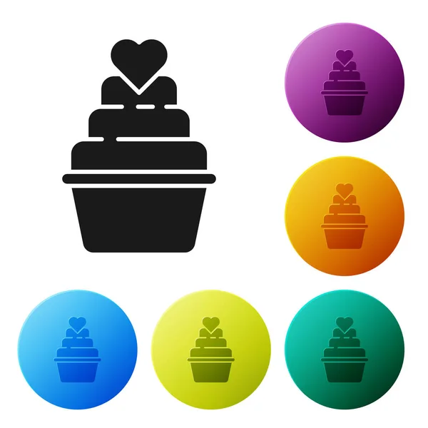 Bolo de casamento preto com ícone de coração isolado no fundo branco. Definir ícones coloridos botões círculo. Ilustração vetorial — Vetor de Stock