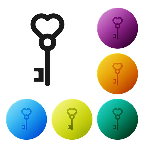 Black Key in heart shape icon isolated on white background. Valentines day. Set icons colorful circle buttons. Vector Illustration — 스톡 벡터