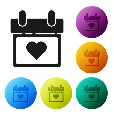 Siyah takvim beyaz arka planda izole kalp simgesi ile. Sevgililer günü. Aşk sembolü. 14 Şubat. Simgeler renkli daire düğmelerini ayarlayın. Vektör Illustration