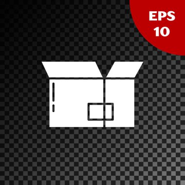 Beyaz karton kutu simgesi, şeffaf koyu arkaplanda izole edilmiş. Kutu, paket, paket işareti. Teslimat ve ambalaj. Vektör İllüstrasyonu