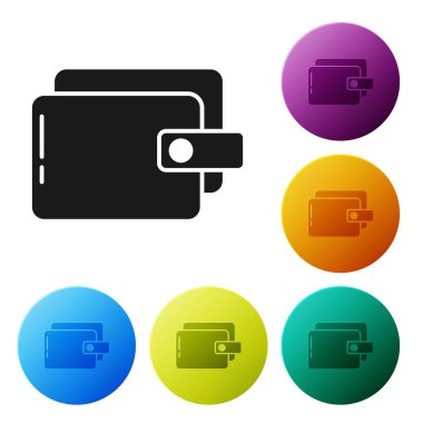 Siyah cüzdan simgesi beyaz arka planda izole. Cüzdan simgesi. Nakit tasarruf sembolü. Simgeler renkli daire düğmelerini ayarlayın. Vektör Illustration