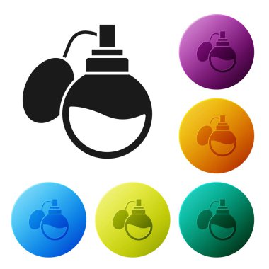 Beyaz arkaplanda siyah parfüm ikonu izole edildi. Renkli daire düğmelerini ayarlayın. Vektör İllüstrasyonu