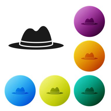 Beyaz arka planda izole edilmiş siyah adam şapkası. Renkli daire düğmelerini ayarlayın. Vektör İllüstrasyonu