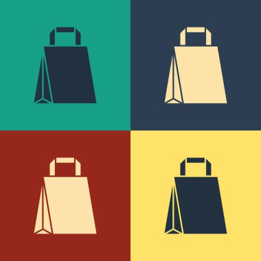 Renkli Kağıt alışveriş çantası simgesi renk arka planda izole. Paket işareti. Vintage tarzı çizim. Vektör İllüstrasyonu