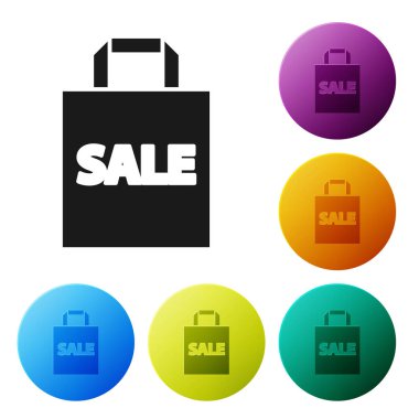 Beyaz arka planda izole edilmiş siyah bir Shoping çantası. El çantası işareti. Kadın çanta ikonu. Kadın el çantası işareti. Renkli daire düğmelerini ayarlayın. Vektör İllüstrasyonu