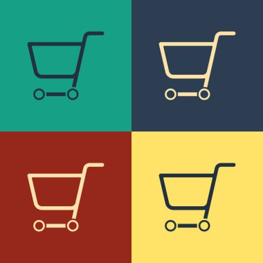 Renkli Alışveriş sepeti simgesi renk arka planda yalıtılmış. Online satın alma konsepti. Teslimat hizmeti işareti. Süpermarket sepeti sembolü. Vintage tarzı çizim. Vektör İllüstrasyonu
