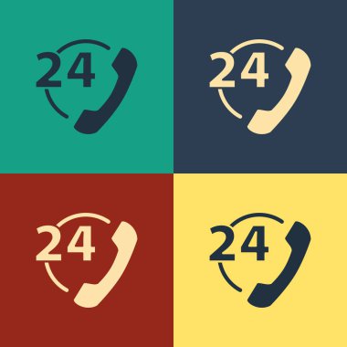 Renkli Telefon 24 saat destek ikonu renk arkaplanında izole edildi. Tüm gün müşteri destek merkezi. Tam zamanlı çağrı servisi. Klasik tarzda çizim. Vektör İllüstrasyonu