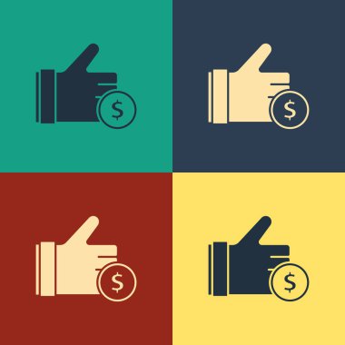 Renk arkaplan üzerinde izole edilmiş madeni para simgesi tutan Renk El. Dolar ya da Usd sembolü. Nakit bankacılık tabelası. Klasik tarzda çizim. Vektör İllüstrasyonu