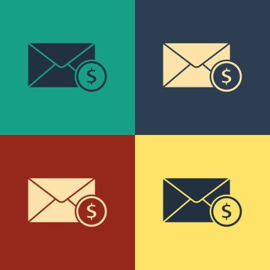 Renkli arka planda izole sikke dolar sembolü simgesi ile Renk Zarf. Maaş artışı, maaş bordrosu, tazminat geliri. Vintage tarzı çizim. Vektör İllüstrasyonu