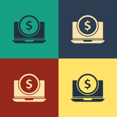 Renkli arka planda yalıtılmış dolar sembolü simgesi ile Renkli Laptop. Online alışveriş konsepti. İnternettekazanç, pazarlama. Vintage tarzı çizim. Vektör İllüstrasyonu