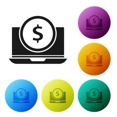 Siyah Laptop dolar sembol simgesi beyaz arka planda izole. Online alışveriş konsepti. Internet, pazarlama kazançlar. Simgeler renkli daire düğmelerini ayarlayın. Vektör Illustration