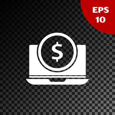 Beyaz laptop dolar sembol simgesi şeffaf koyu arka planda izole. Online alışveriş konsepti. Internet, pazarlama kazançlar. Vektör Illustration