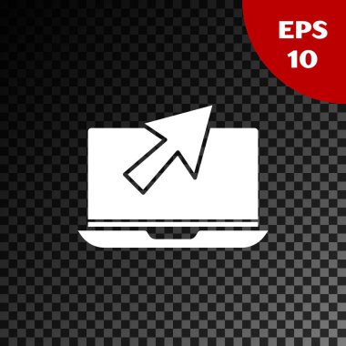 Beyaz dizüstü bilgisayar ve imleç simgesi şeffaf koyu arkaplanda izole edildi. Boş ekran işaretli bilgisayar defteri. Vektör İllüstrasyonu