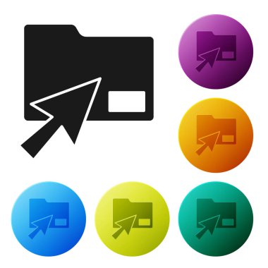 Siyah İmleç tıklamalı belge dizini simgesi beyaz arkaplanda izole edildi. Muhasebe klasörü sembolü. Muhasebe yönetimi. Renkli daire düğmelerini ayarlayın. Vektör İllüstrasyonu