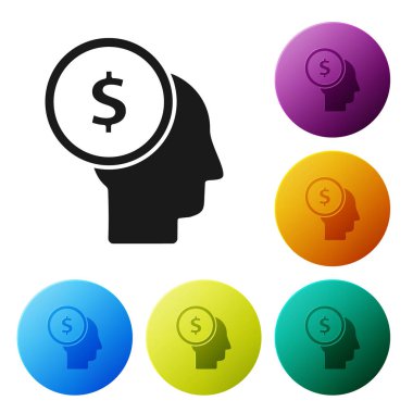 Siyah iş adamı beyaz arka planda izole edilmiş zihin ikonu planlıyor. Dolarlı insan kafası. Para kazanmak için bir fikir. Yatırım artışı. Renkli daire düğmelerini ayarlayın. Vektör İllüstrasyonu