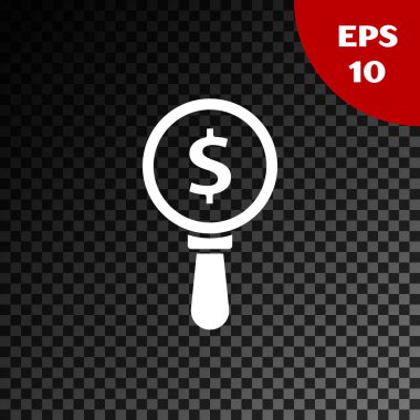 Şeffaf koyu arka planda izole beyaz büyüteç ve dolar sembol simgesi. Para bul. Para arıyorum. Vektör Illustration