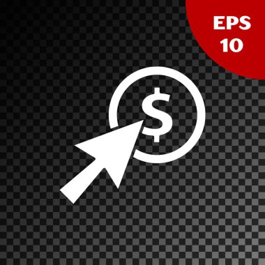 Beyaz İmleç ve madeni para simgesi şeffaf koyu arkaplanda izole edildi. Dolar ya da Usd sembolü. Nakit bankacılık tabelası. Vektör İllüstrasyonu