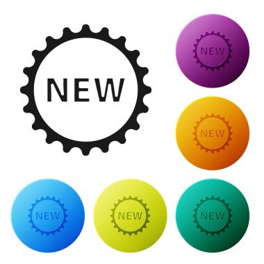 Beyaz arkaplanda yeni bir simge izole edilmiş Siyah Fiyat etiketi. Rozet fiyatına. Reklam etiketi indirimi. Renkli daire düğmelerini ayarlayın. Vektör İllüstrasyonu