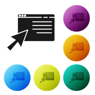 Beyaz zemin üzerinde izole edilmiş Siyah Online ekran simgesi alışverişi. Konsept e-ticaret, e-ticaret, online iş pazarlama. Renkli daire düğmelerini ayarlayın. Vektör İllüstrasyonu