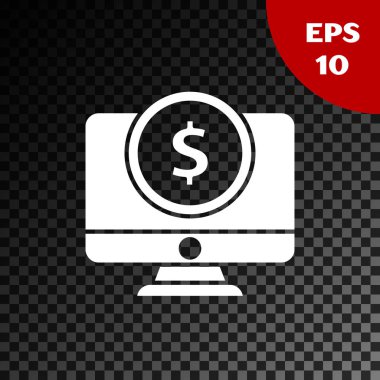 Beyaz bilgisayar monitör dolar sembol simgesi şeffaf koyu arka planda izole. Online alışveriş konsepti. Internet, pazarlama kazançlar. Vektör Illustration