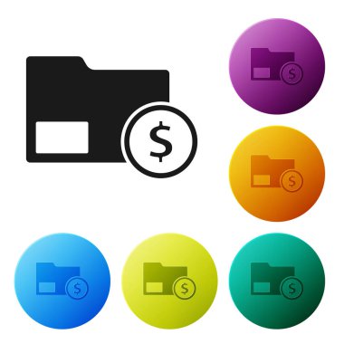 Siyah zarf jeton dolar sembol simgesi beyaz arka planda izole. Maaş artışı, para bordro, tazminat geliri. Simgeler renkli daire düğmelerini ayarlayın. Vektör Illustration