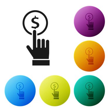 Siyah El, beyaz arka planda izole edilmiş madeni para simgesini tutuyor. Dolar ya da Usd sembolü. Nakit bankacılık tabelası. Renkli daire düğmelerini ayarlayın. Vektör İllüstrasyonu