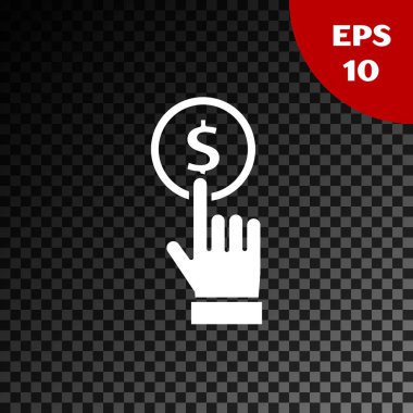 Beyaz El 'in elinde saydam koyu arkaplanda izole edilmiş madeni para simgesi var. Dolar ya da Usd sembolü. Nakit bankacılık tabelası. Vektör İllüstrasyonu