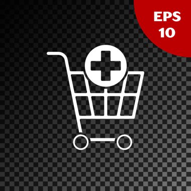 Beyaz şeffaf koyu arka planda izole alışveriş sepeti simgesine ekleyin. Online satın alma kavramı. Teslimat hizmeti işareti. Süpermarket sepeti sembolü. Vektör Illustration
