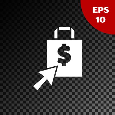 Beyaz koku torbası ve dolar simgesi şeffaf koyu arkaplanda izole edilmiş. El çantası işareti. Kadın çanta ikonu. Kadın el çantası işareti. Vektör İllüstrasyonu