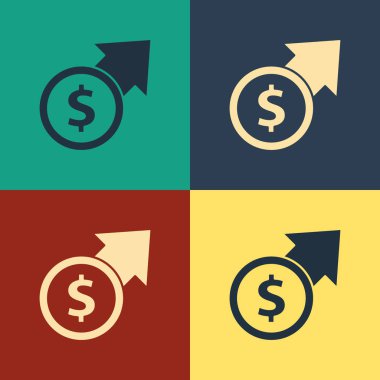 Renkli mali büyüme ve madeni para ikonu renk arkaplanında izole edilmiş. Gelirleri arttırıyorum. Klasik tarzda çizim. Vektör İllüstrasyonu