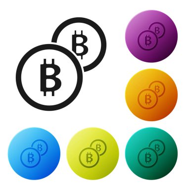 Siyah Cryptocurrency sikke Bitcoin simgesi beyaz arka plan üzerinde izole. Fiziksel biraz para. Blockchain tabanlı güvenli kripto para birimi. Simgeleri renkli daire düğmeleri ayarlayın. Vektör İllüstrasyonu